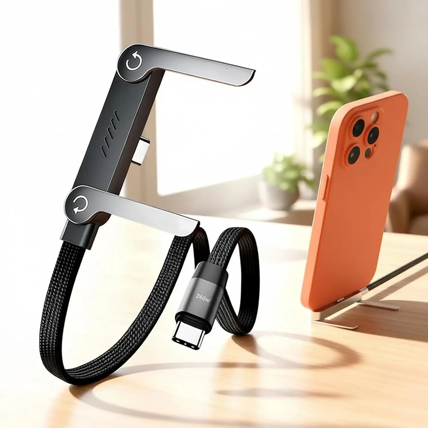 Câble USB-C 3-en-1 : Charge, Support & Style Multifonctionnel 240W avec Support Téléphone Intégré