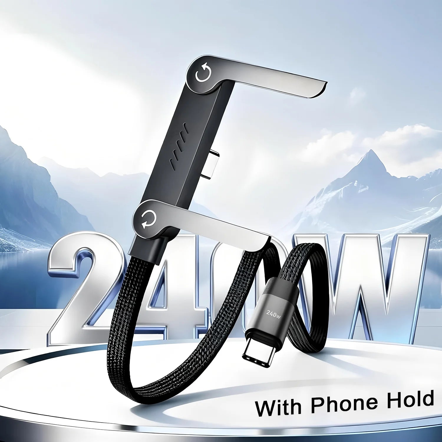 Câble USB-C 3-en-1 : Charge, Support & Style Multifonctionnel 240W avec Support Téléphone Intégré